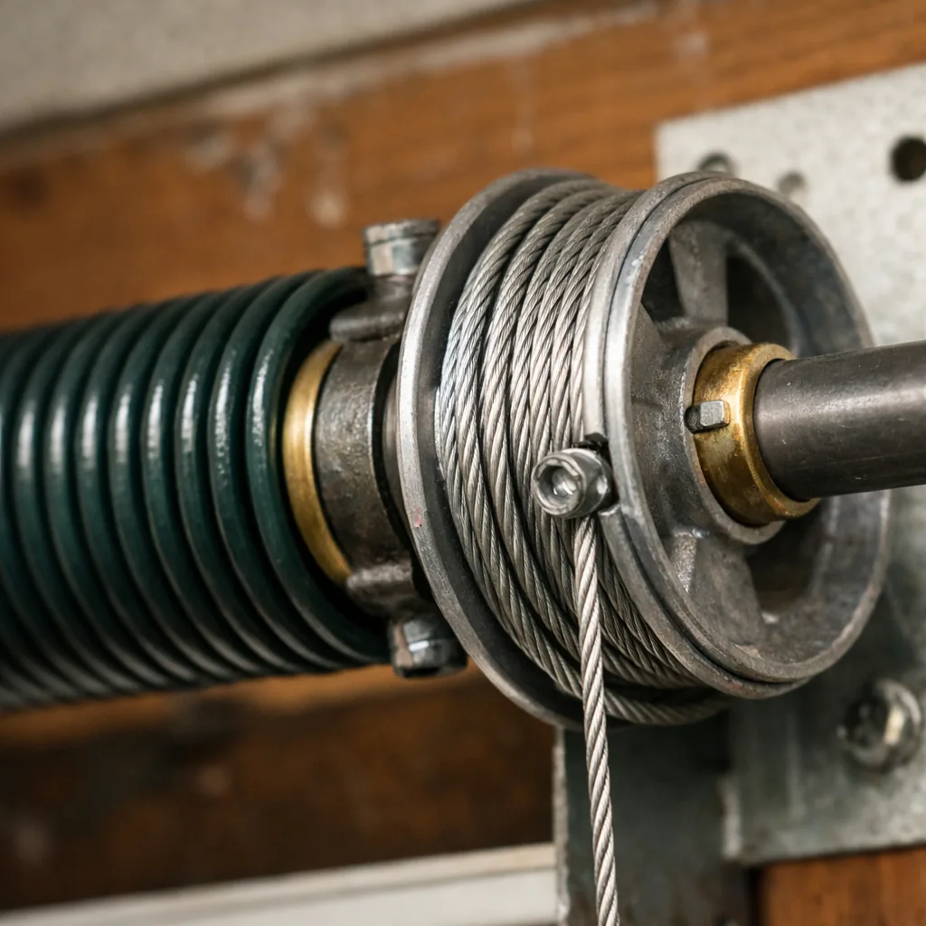 Close-up of a new torsion spring and cable drum on a commercial door shaft, freshly installed and tight