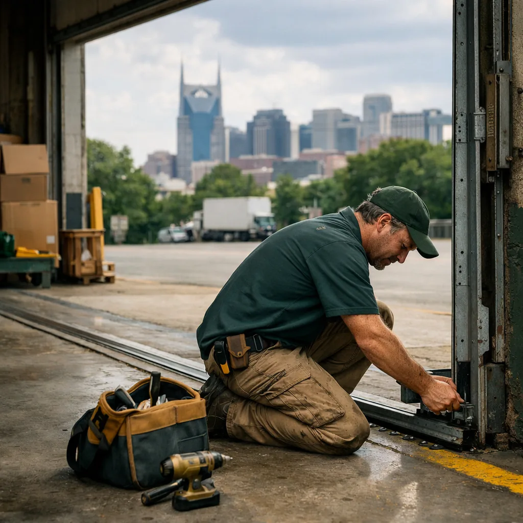 Technician in plain workwear crouched at the track of a wide steel rolling door on a commercial loading dock, checking the hardware, daylight coming through the open bay