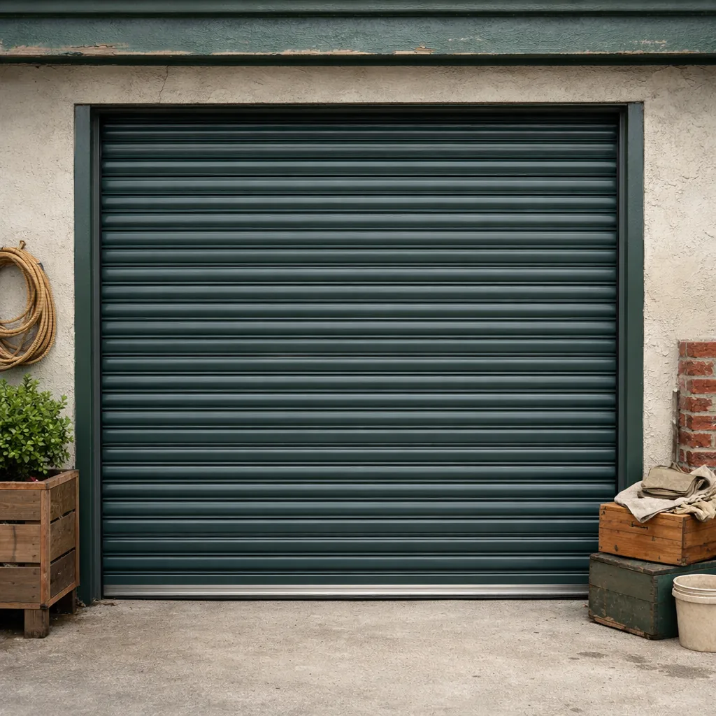 Closed roll up steel door on a small shop front, even in the guides with no gaps along the sides