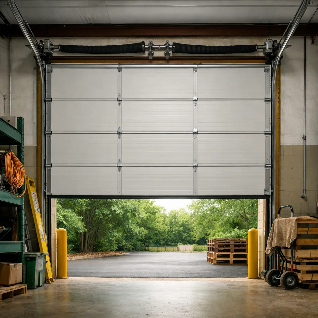 Repaired steel sectional dock door fully raised, tracks straight and panels aligned, in a clean warehouse bay