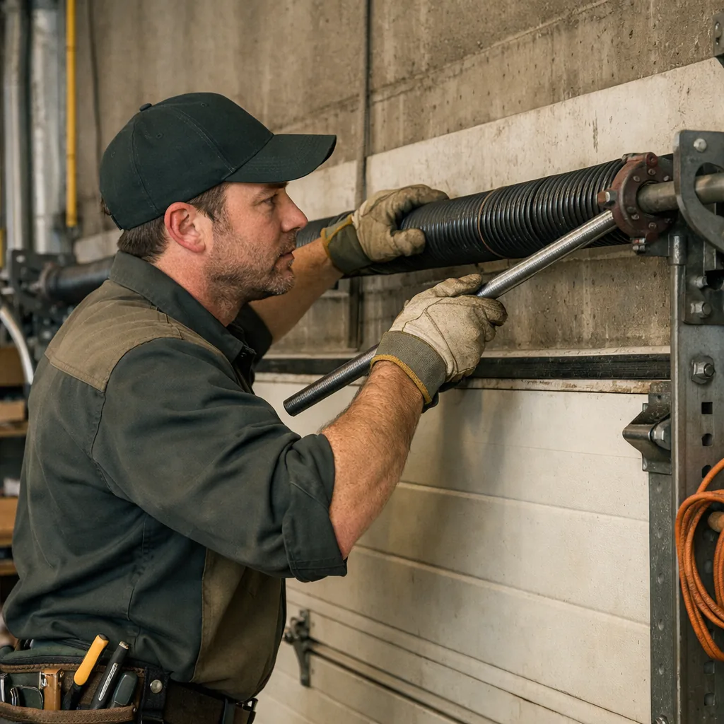 Technician in plain workwear adjusting torsion spring tension over a wide commercial sectional door inside a warehouse bay