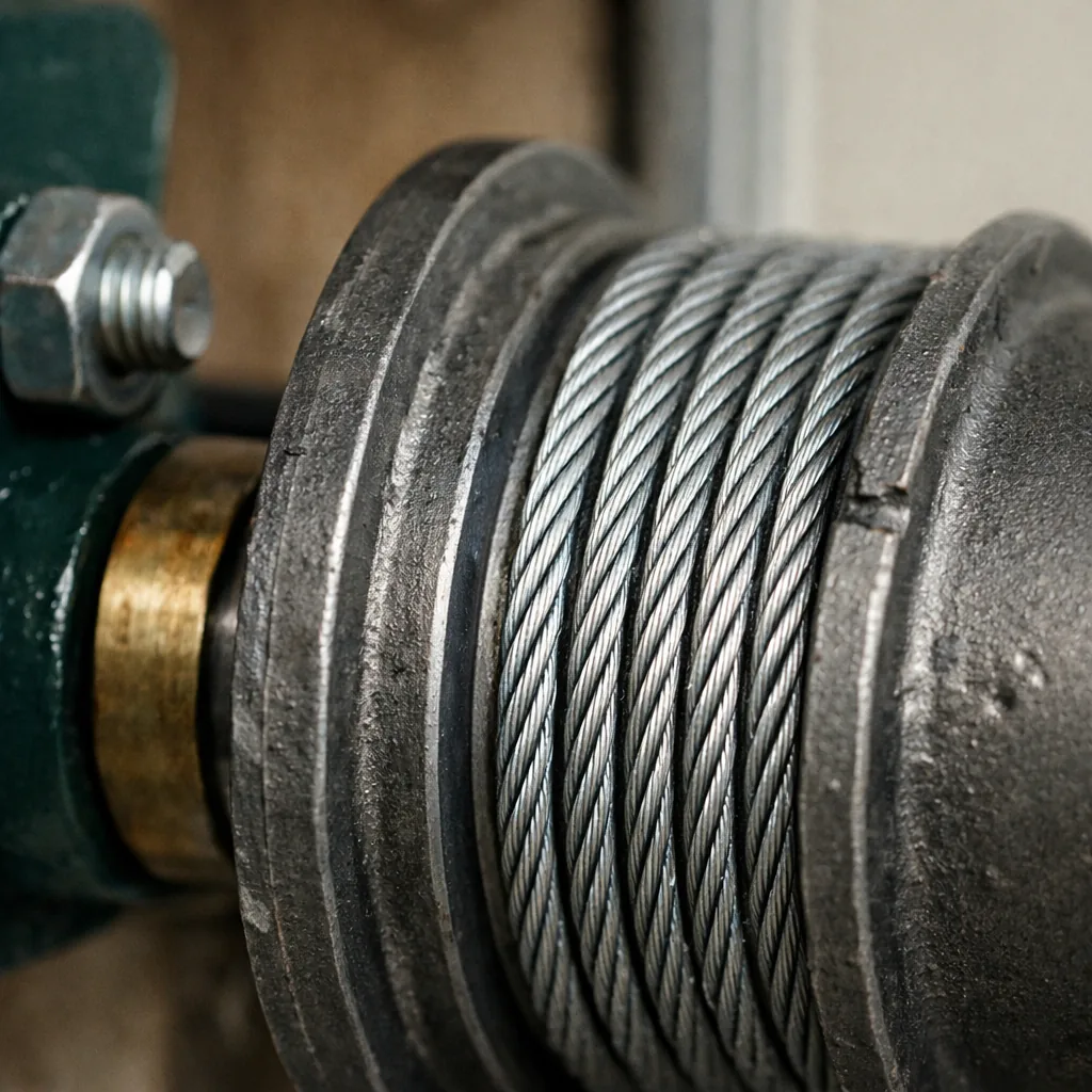 Close-up of a new galvanized steel lift cable seated in the groove of a cable drum on a torsion shaft, clean hardware