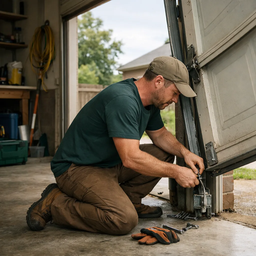 Wide view of a technician in plain workwear kneeling beside the lower corner of a residential garage door, examining a lift cable and bottom bracket, door slightly crooked on its track