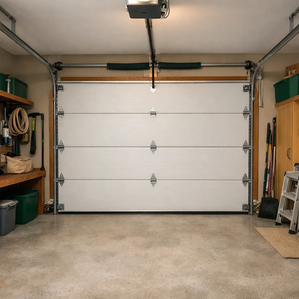 A finished residential garage door closed and level inside a tidy attached garage, both sides sitting evenly on the floor