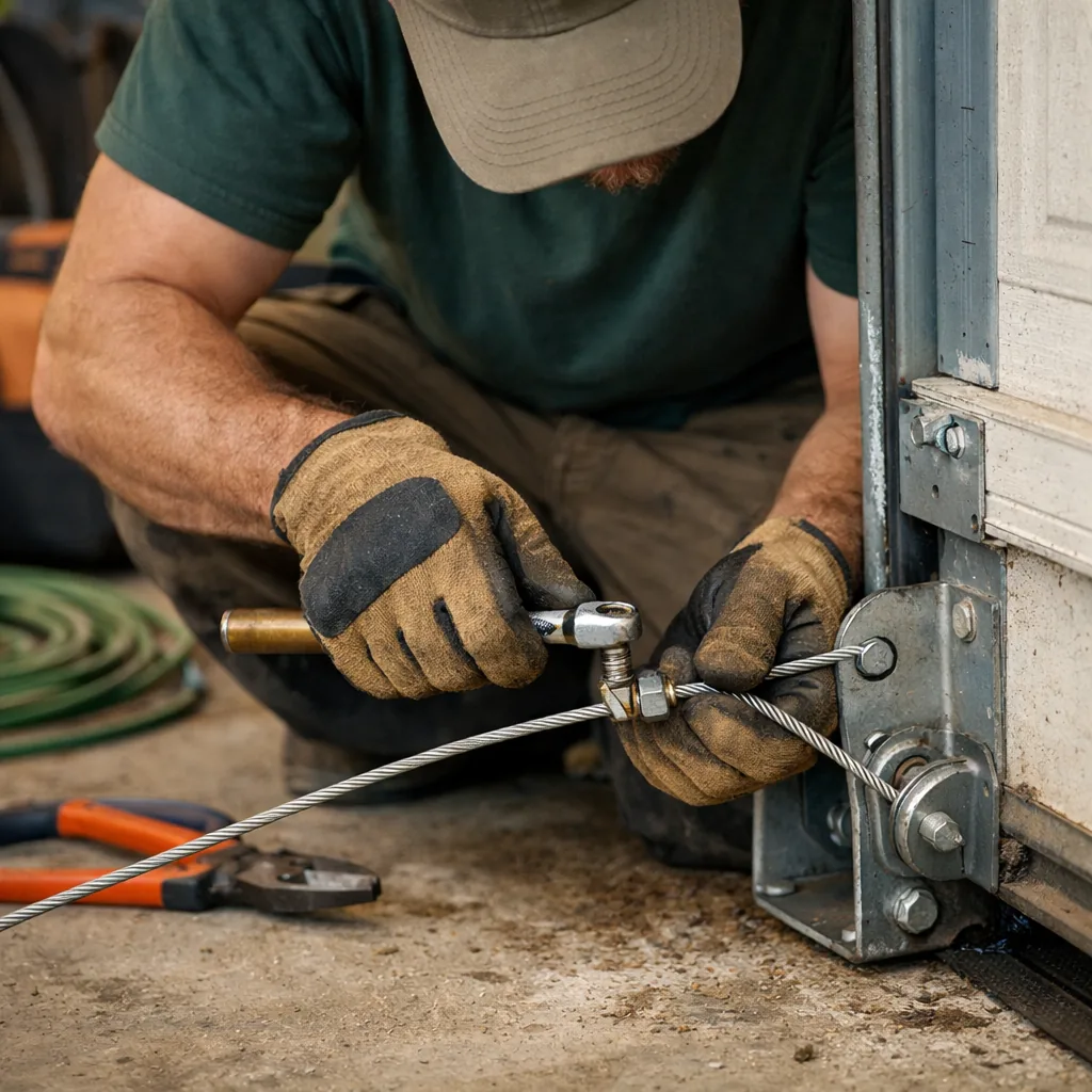 A technician in plain workwear attaching a lift cable to the bottom bracket of a garage door, hands and tools in focus