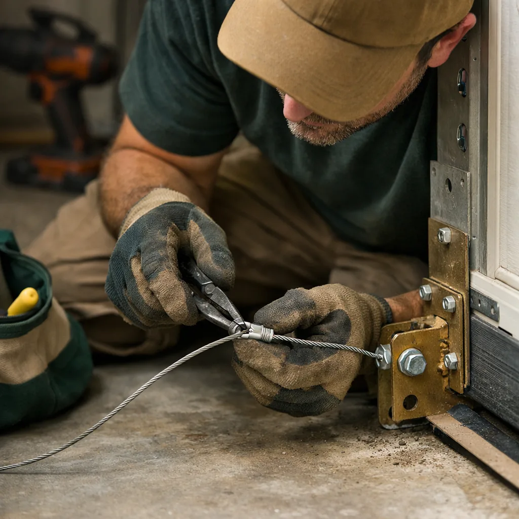 A technician in plain workwear inspecting the end of a lift cable at a bottom bracket on a residential garage door, close working distance, natural light