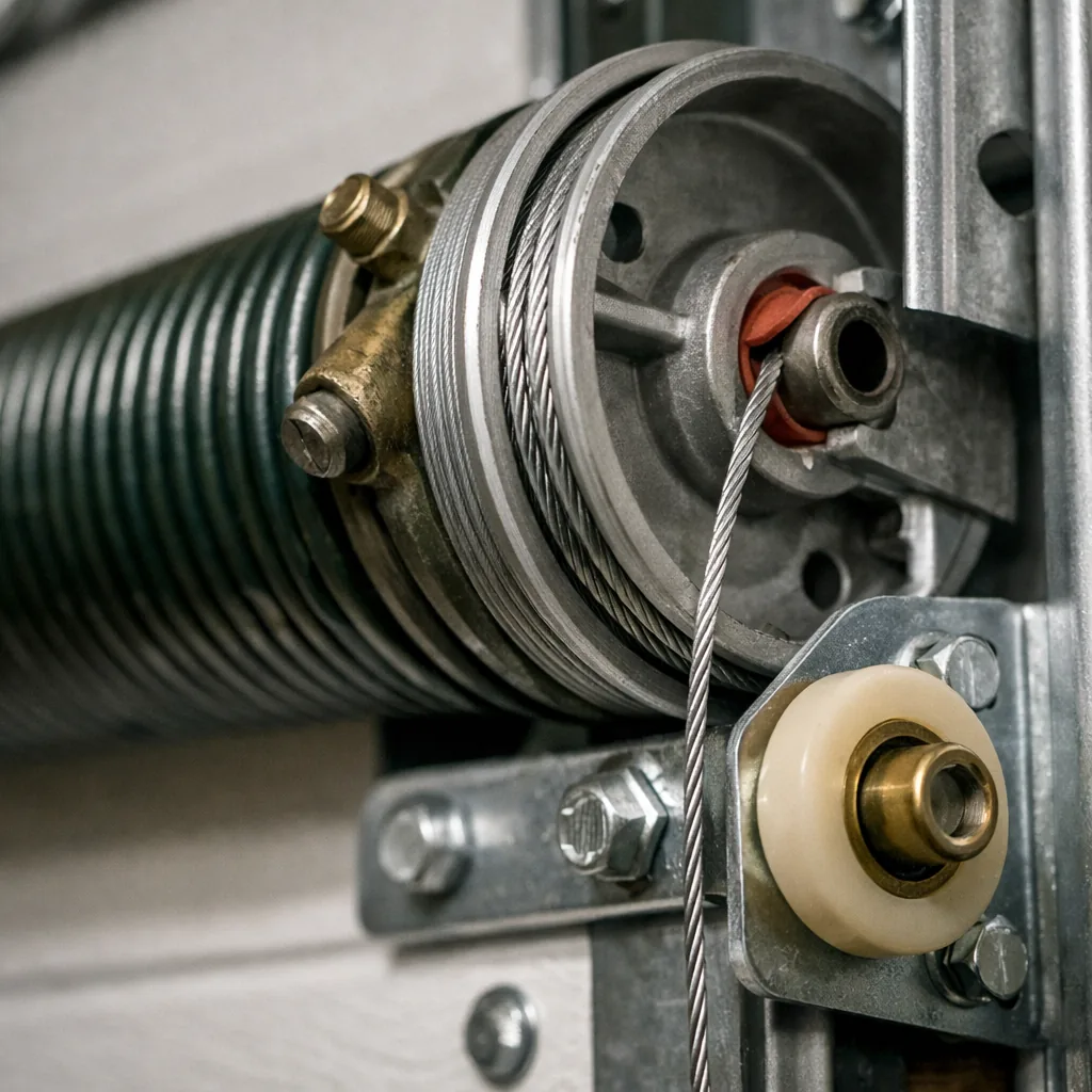Close-up of a torsion spring, cable drum and bottom bracket on a newly hung garage door, hardware clean and tight