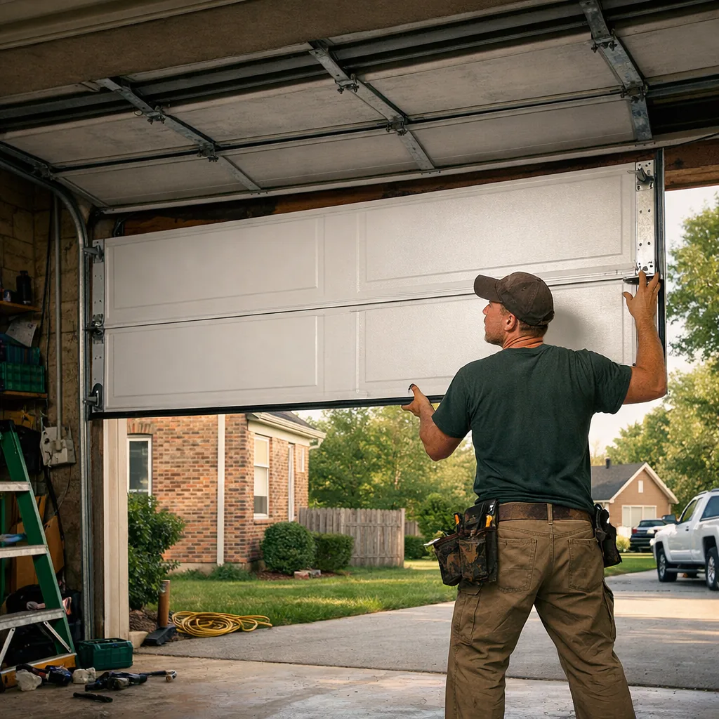 Technician in plain workwear fitting a new insulated steel garage door panel into the tracks of a two-car garage opening on a suburban home, door partly raised