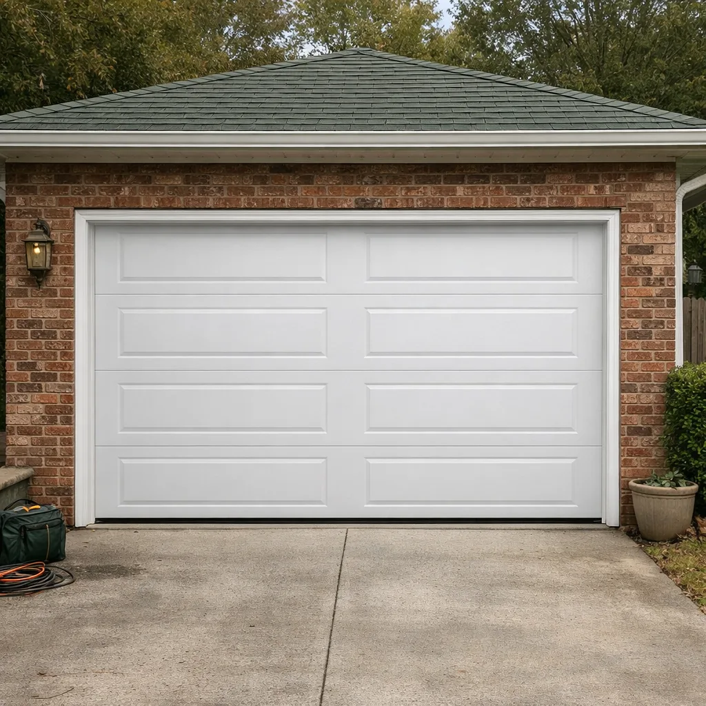 Freshly installed white insulated steel garage door on a brick two-car garage, door closed, with clean trim and even gaps along the sides