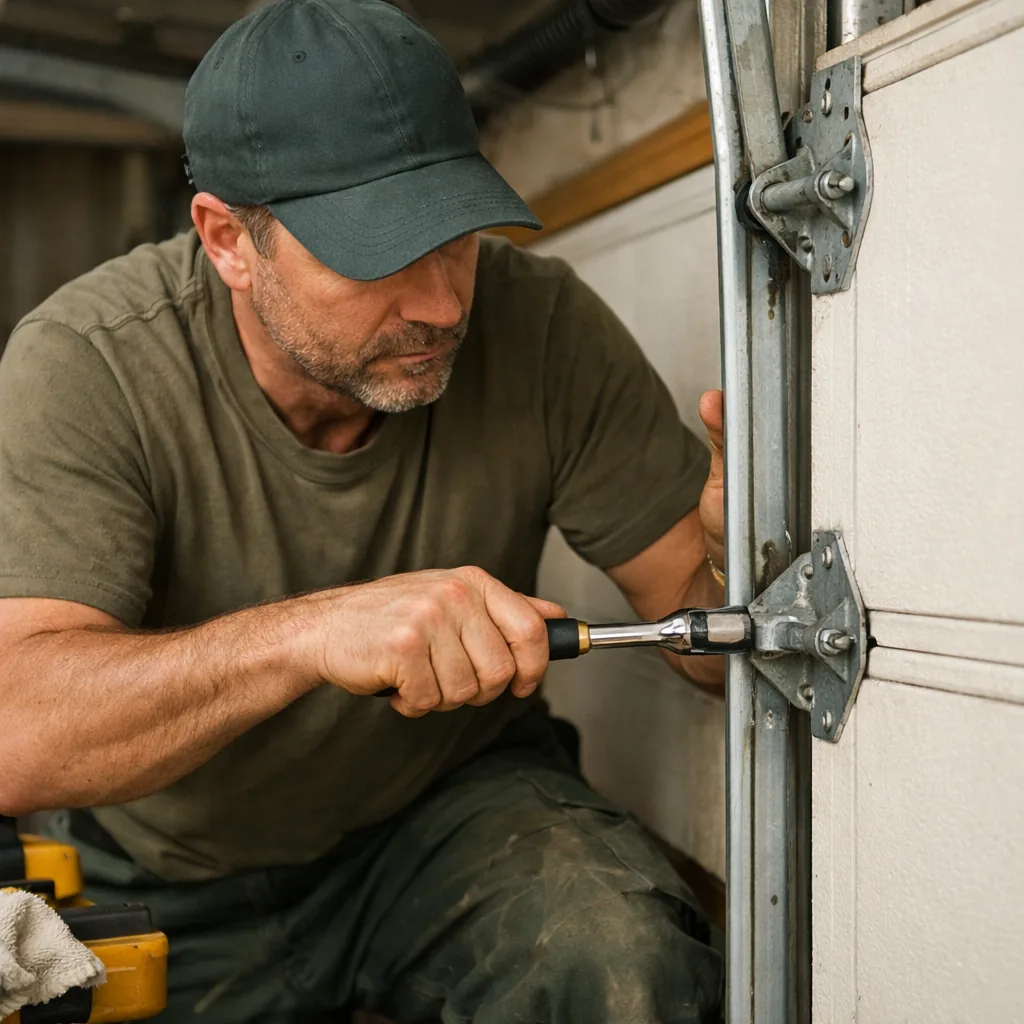 Technician in plain workwear tightening hinge bolts while a garage door panel is held in place in the tracks