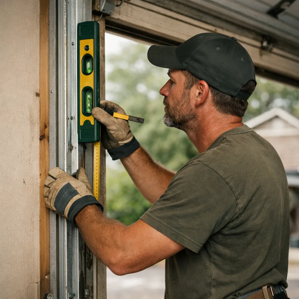 Technician in plain workwear checking the level of a vertical track against a newly measured garage door opening, tape measure and level in hand