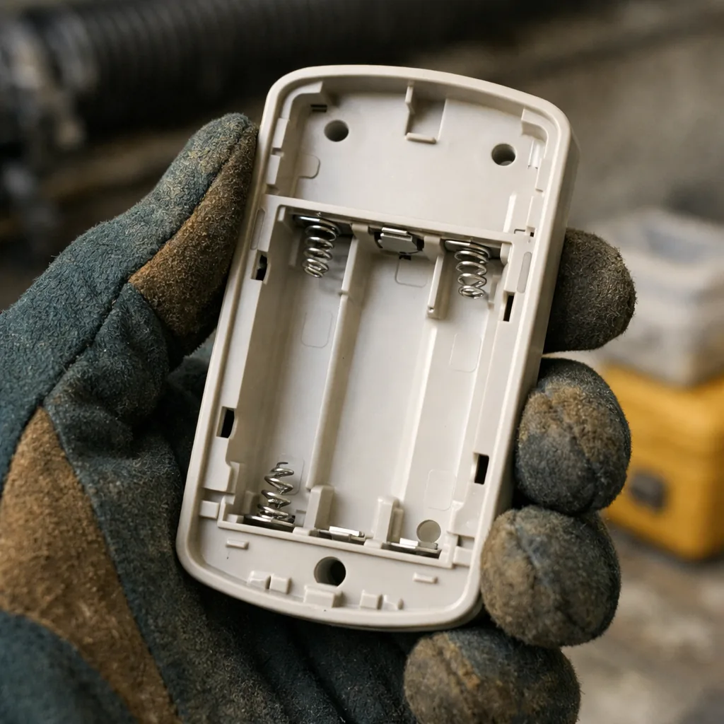 Close-up of the back of a small plastic keypad housing with the back plate removed and an empty battery bay, held in a gloved hand