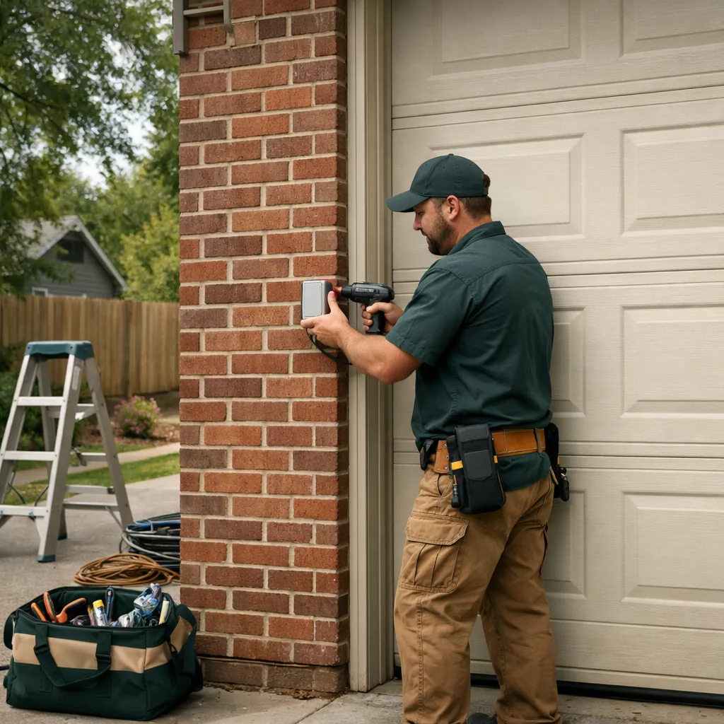 Technician in plain workwear at the side of a residential garage door, fitting a small outdoor keypad with its cover closed to the brick beside the door frame