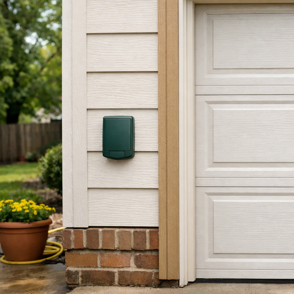 Small keypad with its flip cover closed, mounted level on a clean exterior wall beside a closed garage door