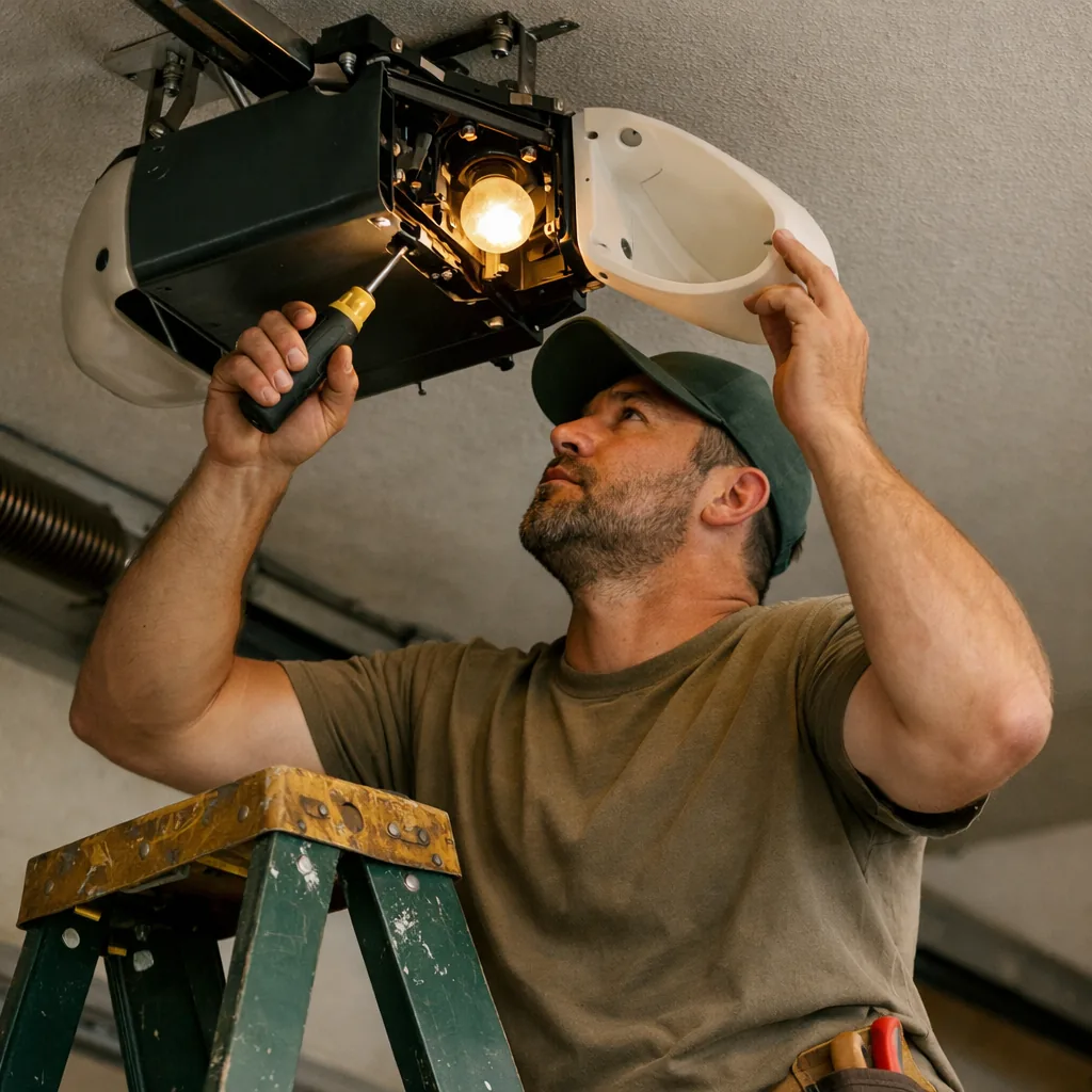 Technician in plain workwear on a stepladder beside a ceiling-mounted garage door opener with its light cover open