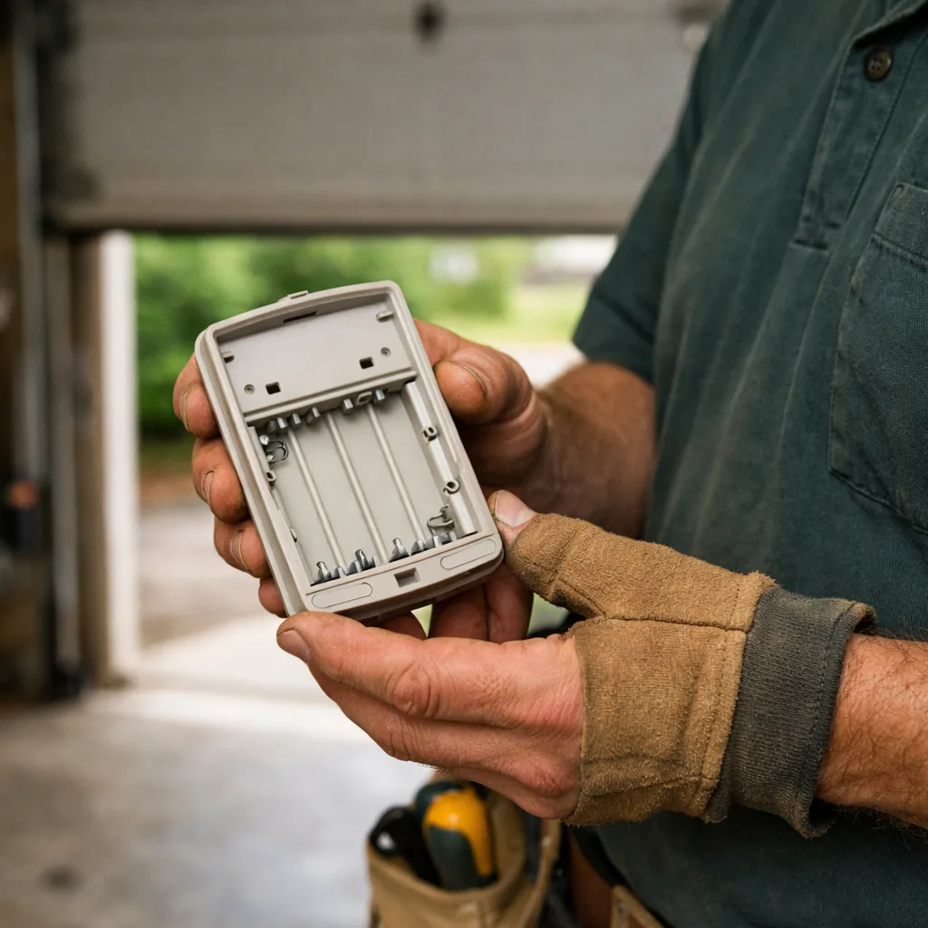 Technician in plain workwear holding a small keypad housing face-down with its back plate removed to show an empty battery bay
