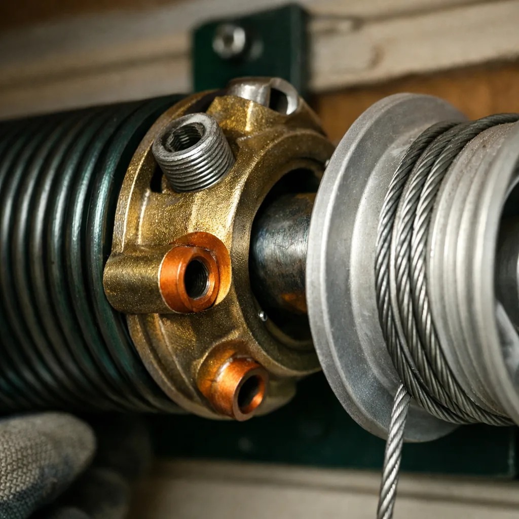 Close-up of a torsion spring, winding cones and cable drum on a garage door in good condition