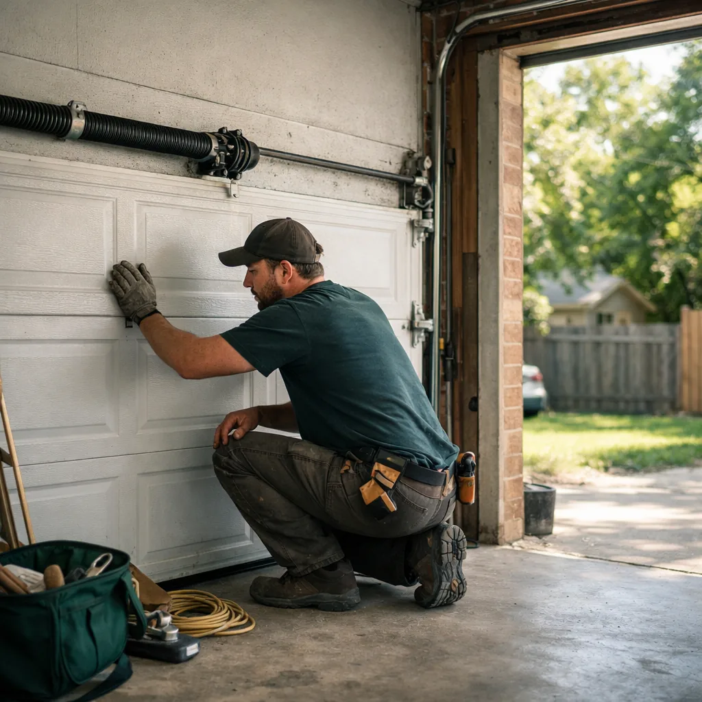 Technician in plain workwear crouched beside a closed residential garage door with a hand on a torsion spring and cable drum, checking the hardware in daylight