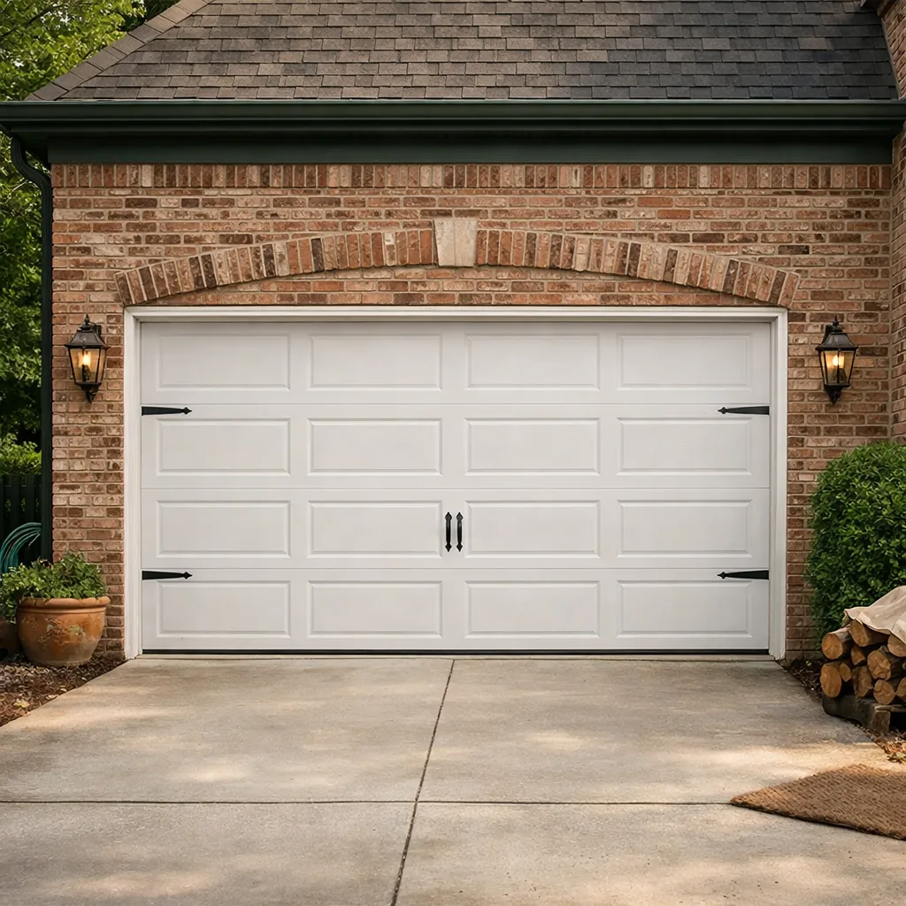 Clean two-car residential garage door on a brick home, closed, with tidy hardware and evenly spaced panels