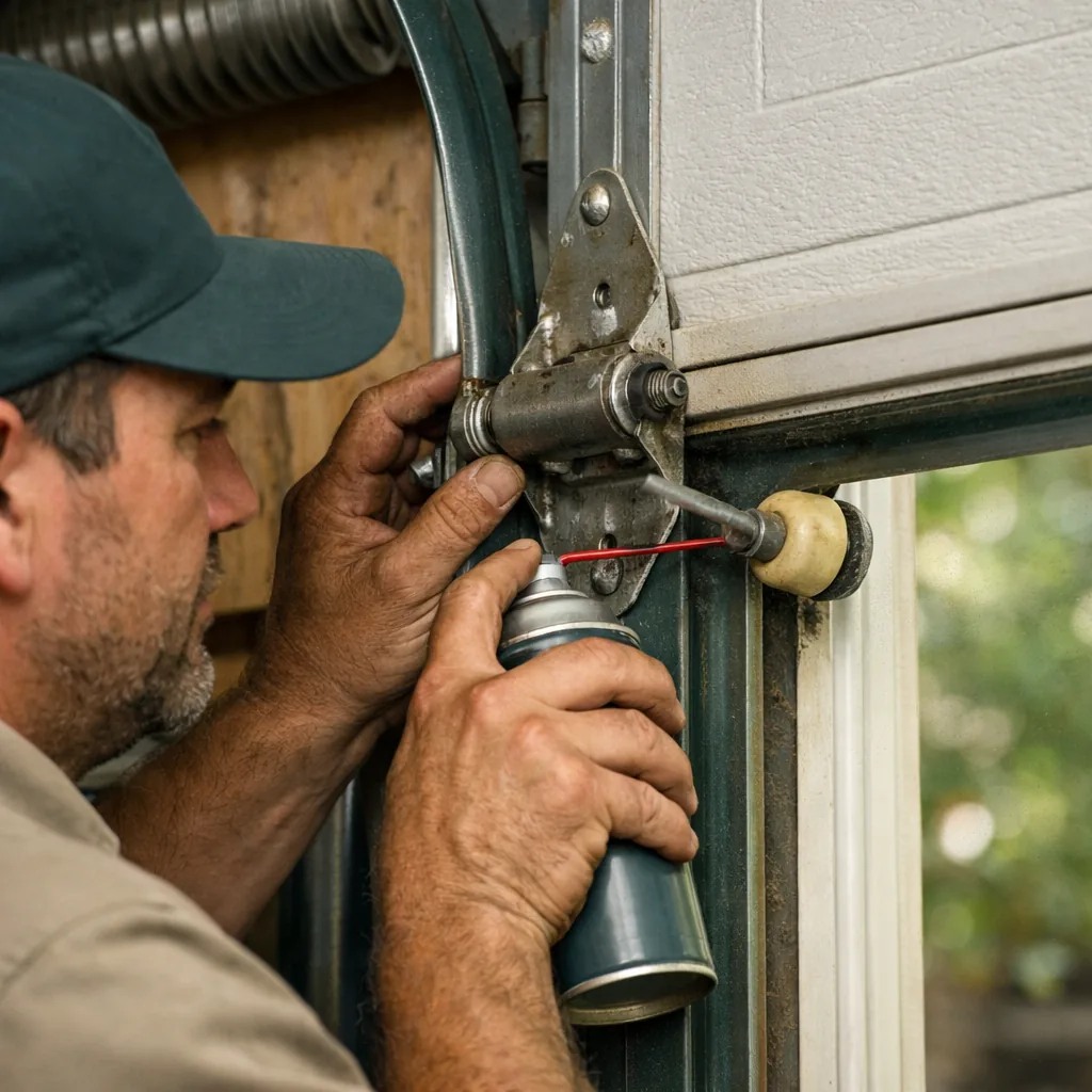 Technician in plain workwear spraying garage door lubricant along a hinge and roller on a residential steel garage door