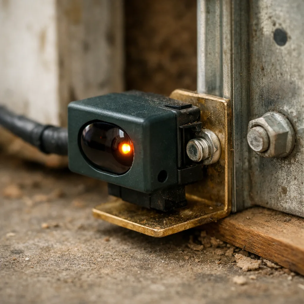 Close-up of a garage door photo eye sensor bracket mounted near the floor beside the track, with its small indicator light on