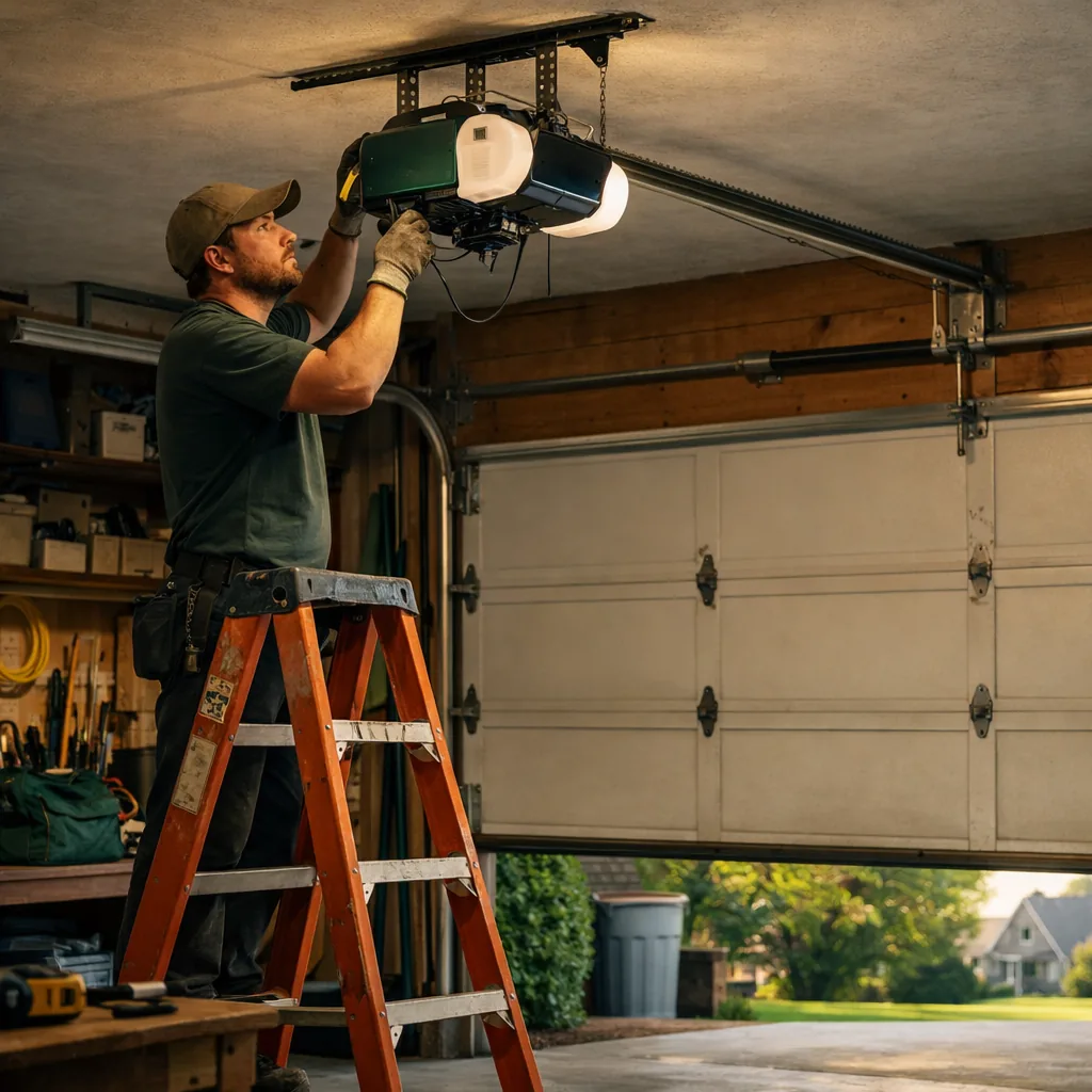 Technician in plain workwear on a ladder mounting a ceiling-hung garage door opener over a closed residential sectional door