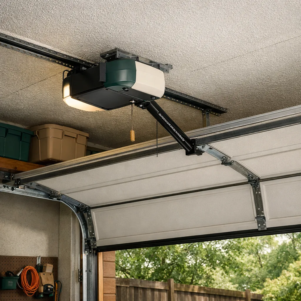 Tidy garage ceiling with an opener, rail and trolley installed, door half open on its track