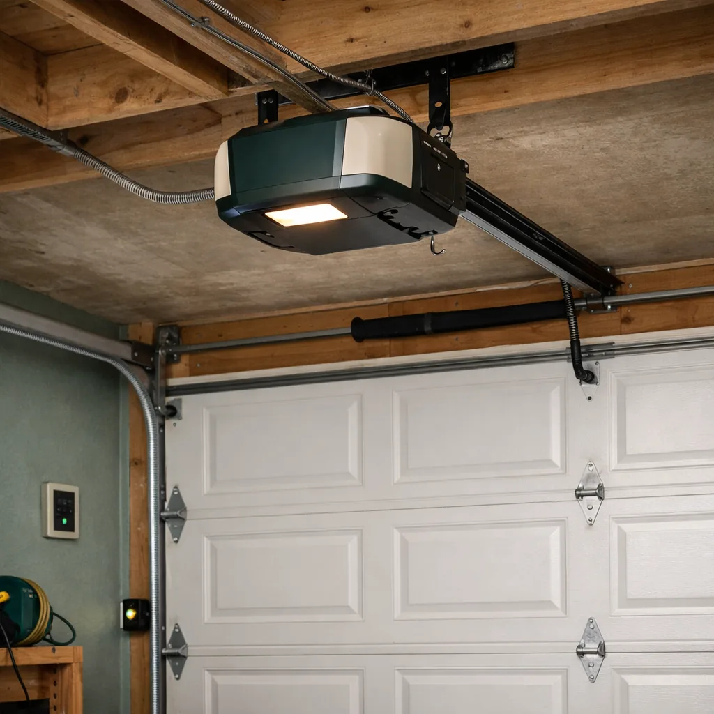 Newly installed belt drive opener mounted on a ceiling rail over a closed white garage door, wall button and photo eyes visible