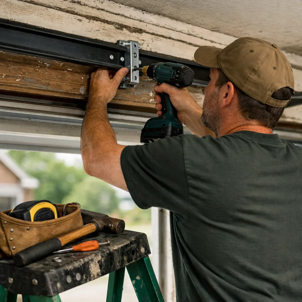 Technician in plain workwear fastening the opener rail bracket to the header over a garage door, tools laid on a stepladder