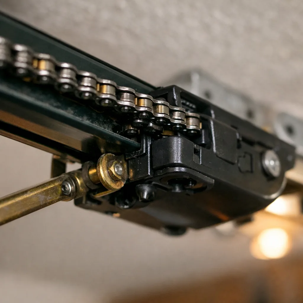 Close-up of a garage door opener trolley and drive chain on the ceiling rail, clean and lubricated