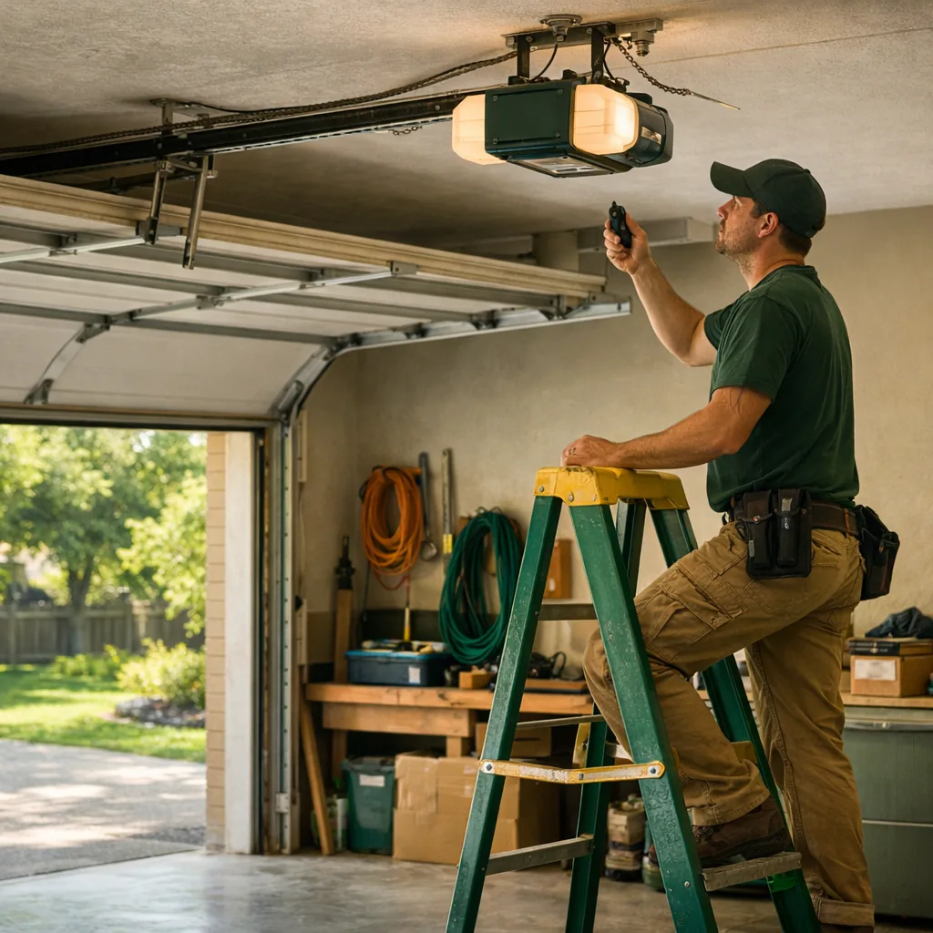 Technician in plain workwear on a stepladder beside a ceiling-mounted garage door opener, testing the unit with a residential garage door in the background