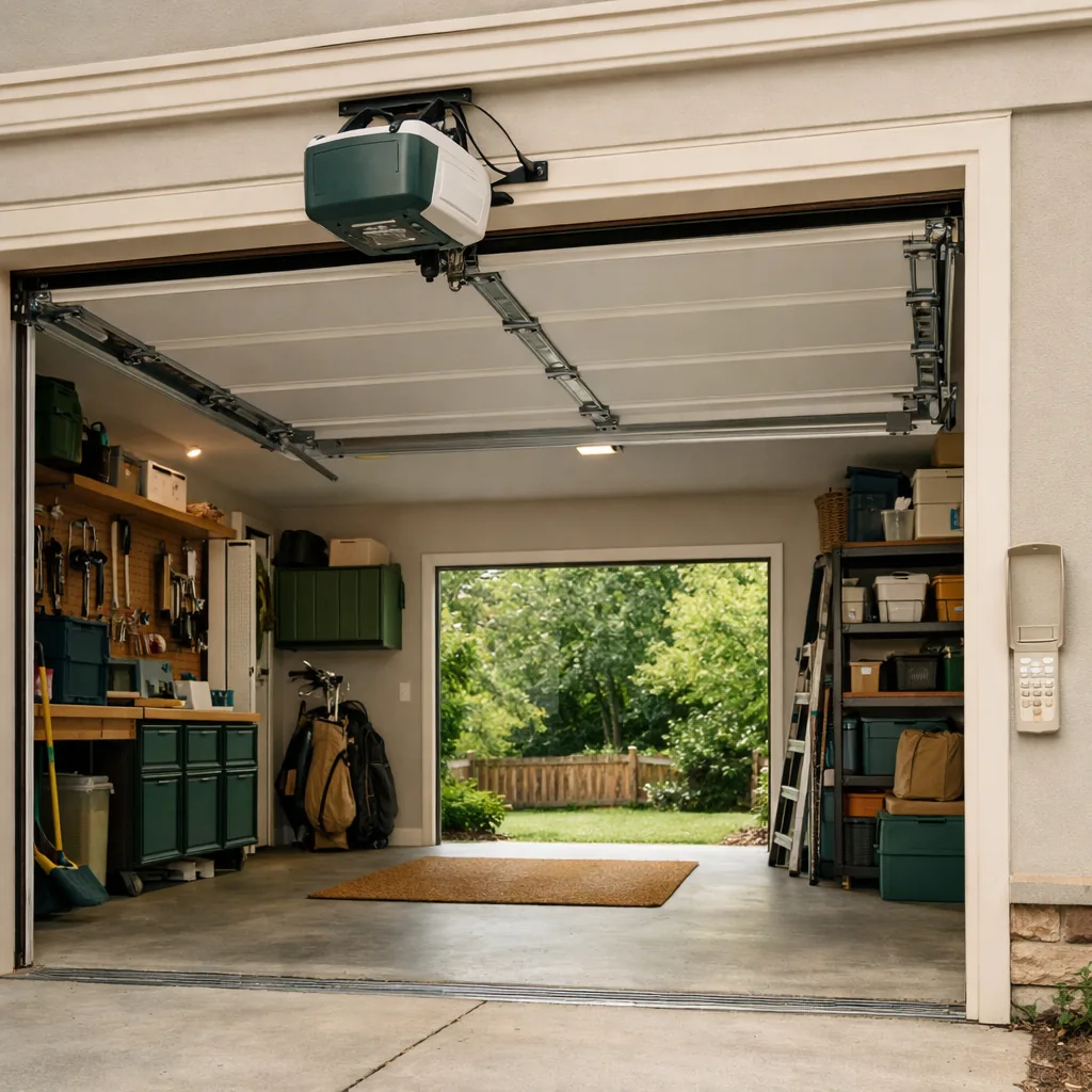 Residential garage door fully open with the opener unit overhead and a keypad on the wall beside the door in a tidy garage