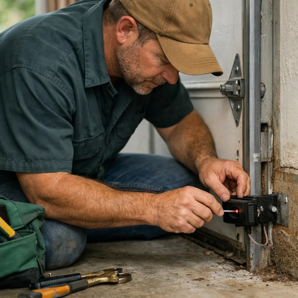 Technician in plain workwear aligning a safety sensor mounted near the floor beside a garage door track