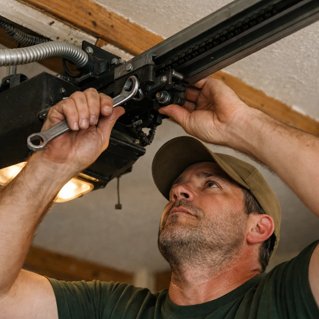 Technician in plain workwear adjusting the trolley and rail of a ceiling-mounted garage door opener with a wrench, seen from below