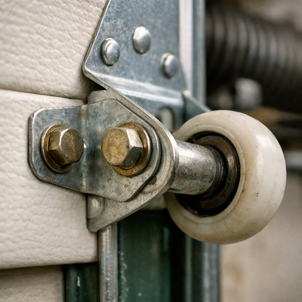 Close-up of a hinge and roller on a garage door panel with bolts tight against the panel stile