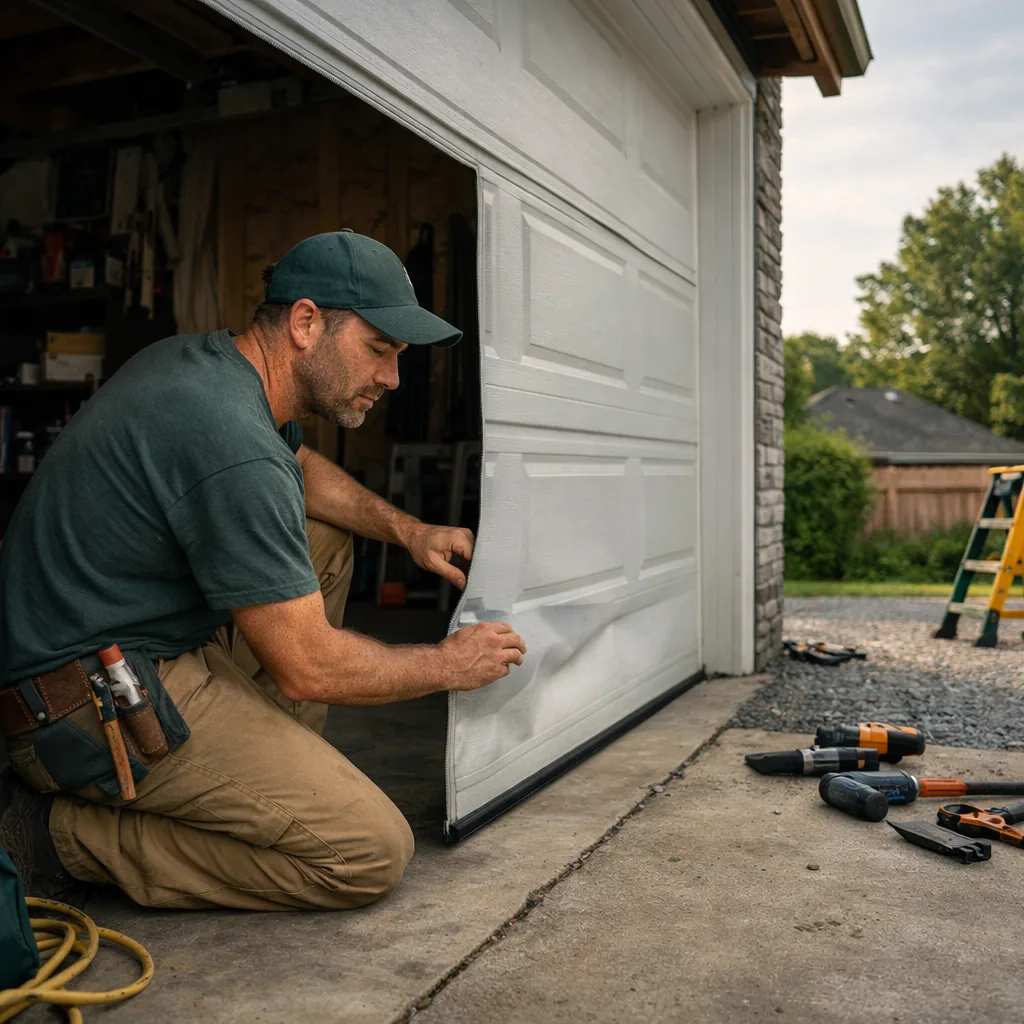 Technician in plain workwear inspecting a dented lower panel of a steel two-car garage door with a hand resting beside the dent