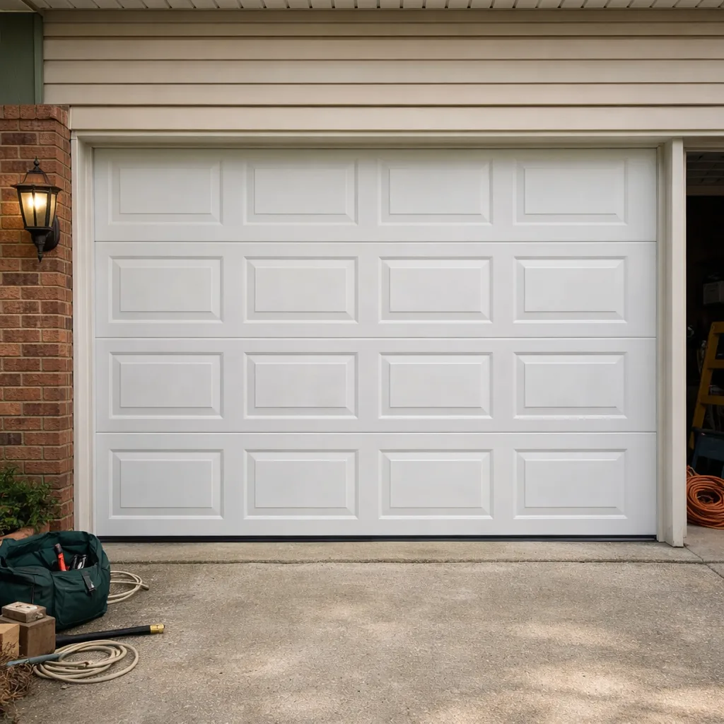 Two-car steel garage door with a freshly replaced lower panel, panel lines even and matching the neighboring panels