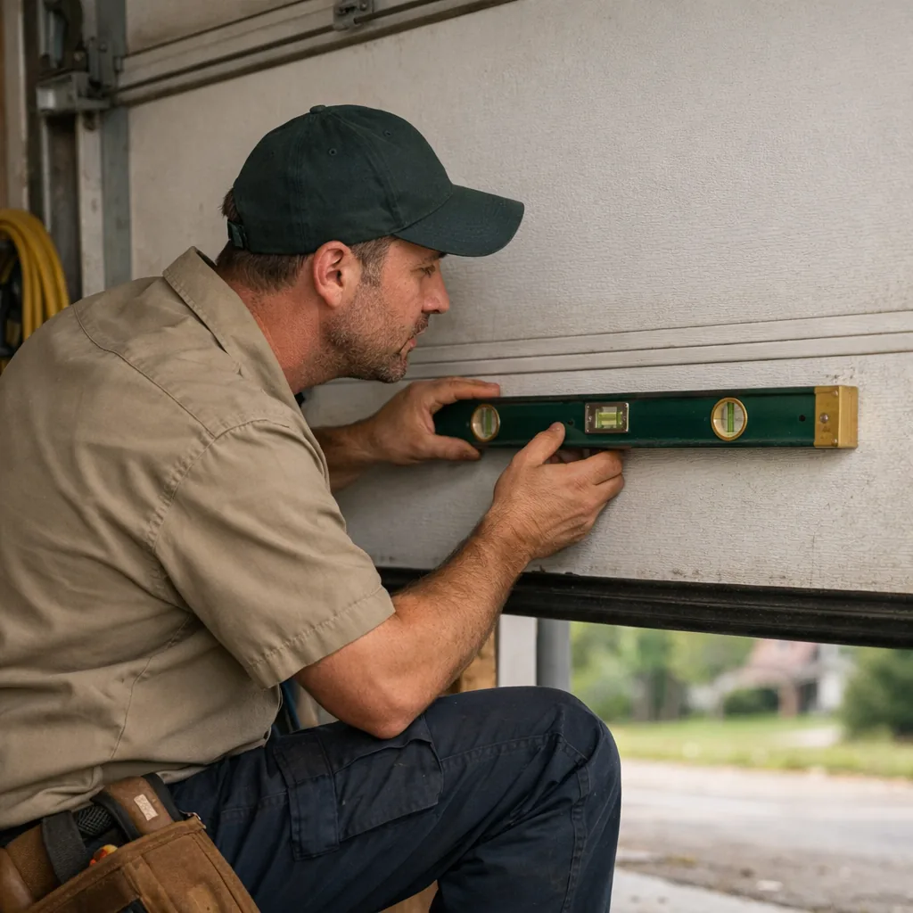 Technician in plain workwear using a level along a garage door panel to check how far it bows, with the door half raised