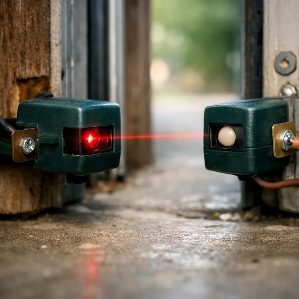 Close-up of a clean pair of safety sensors mounted near the floor on either side of a garage door opening