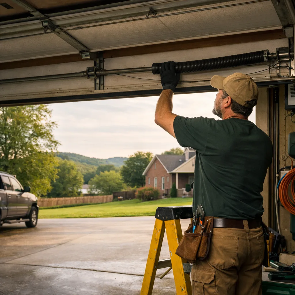 A technician in plain workwear inspecting the torsion spring and cables of an open attached two-car garage door at a suburban home, driveway in view