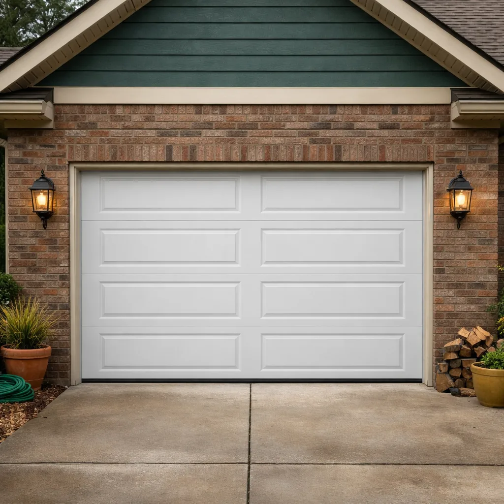 A repaired residential garage door fully closed and straight on a suburban home