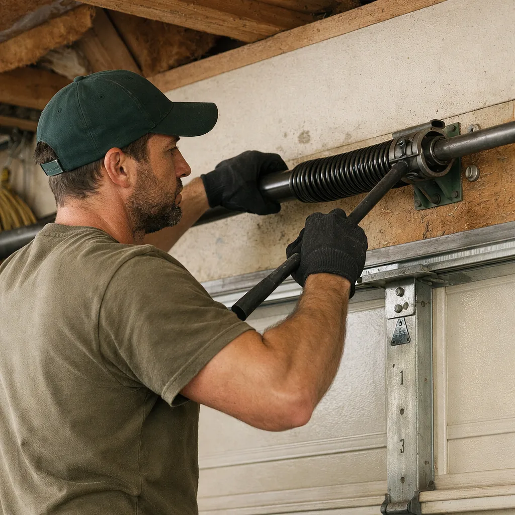 A technician replacing a torsion spring on a residential garage door using winding bars, in plain workwear