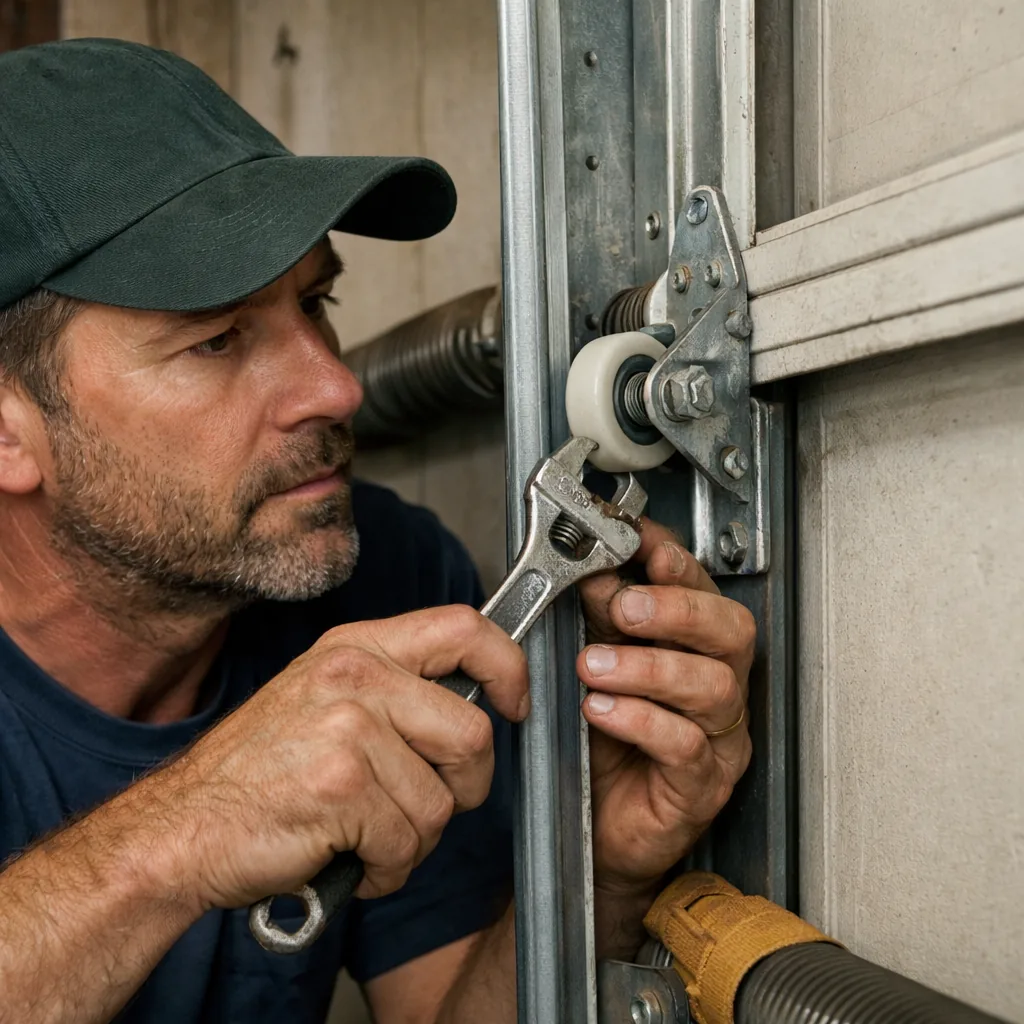 A technician in plain workwear checking the roller and hinge on the vertical track of a garage door, close working view