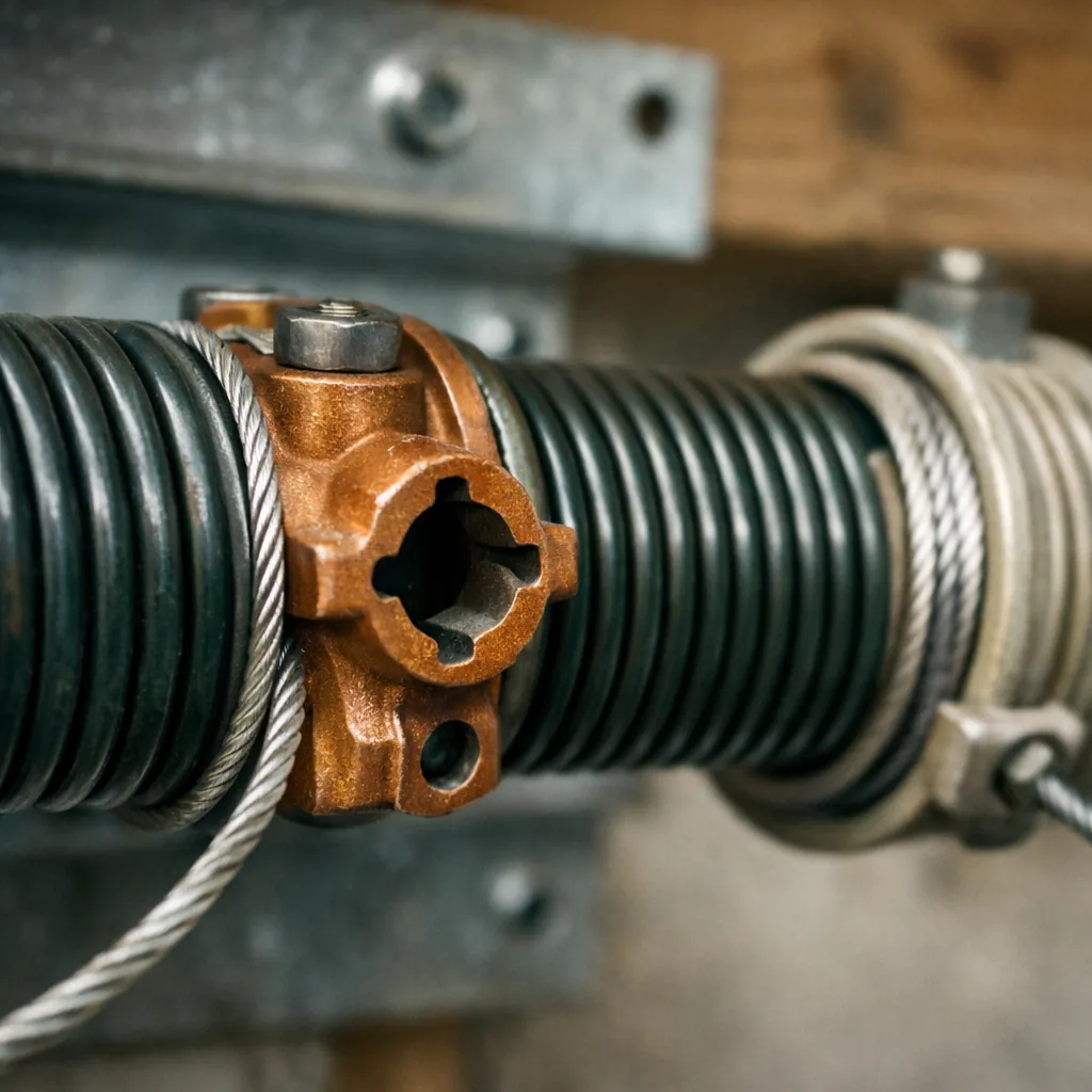 Close-up of a new torsion spring with winding cones and both cables seated on their drums