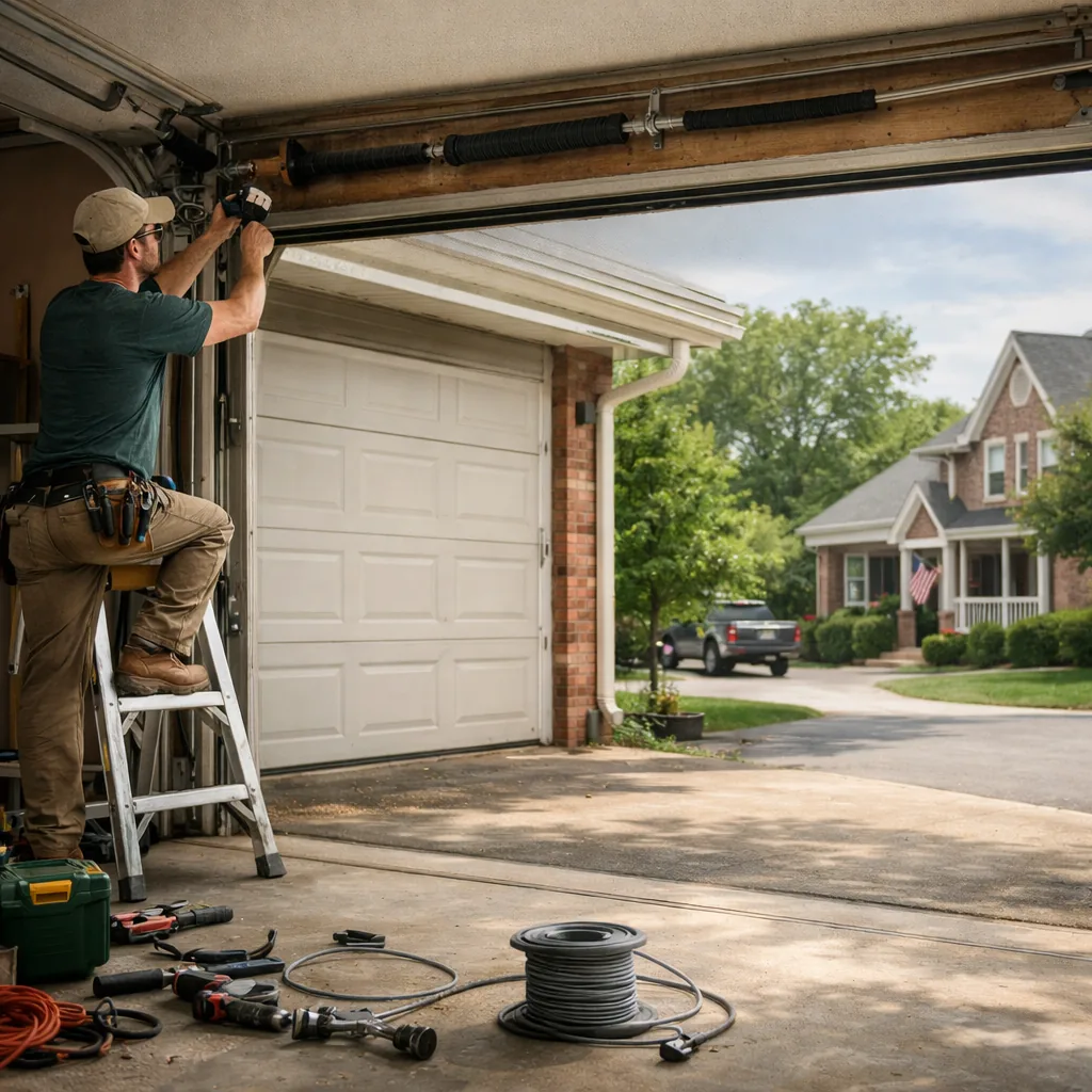 Technician in plain workwear repairing the spring and cable on a wide two-car residential garage door at a suburban house in daylight