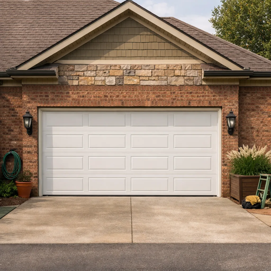 Repaired wide two-car garage door on a large suburban home, closed and level, in daylight