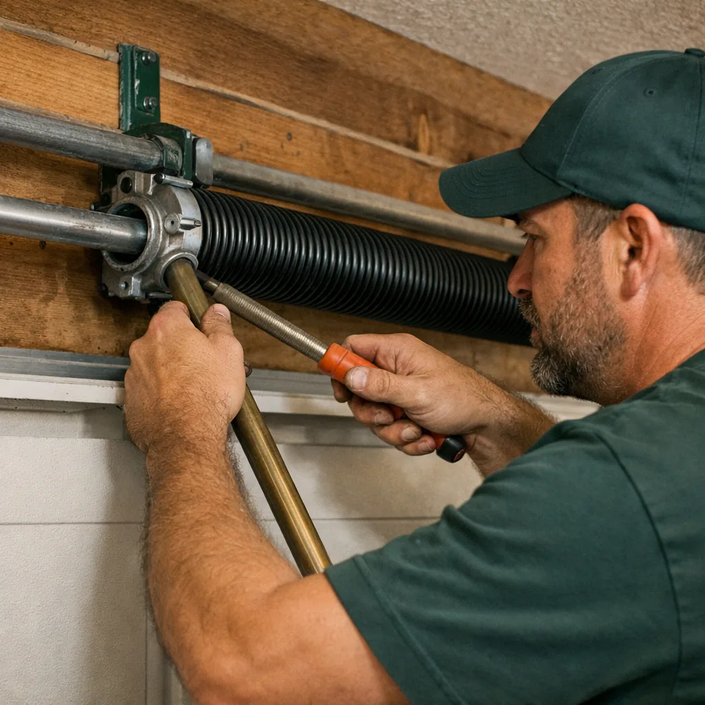 Technician in plain workwear fitting a new torsion spring onto the bar above a residential garage door, winding bars in hand