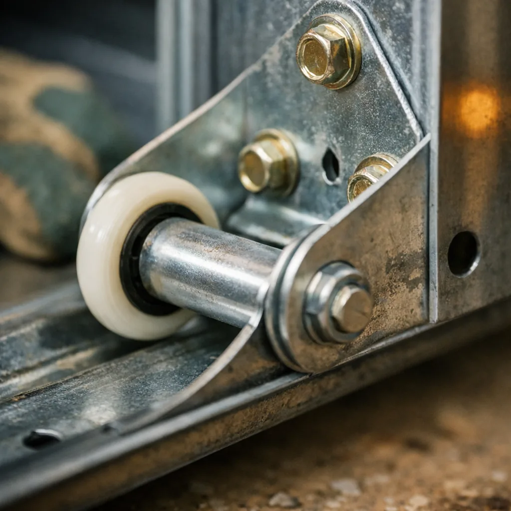 Close-up of new steel hinges and rollers seated in a garage door track
