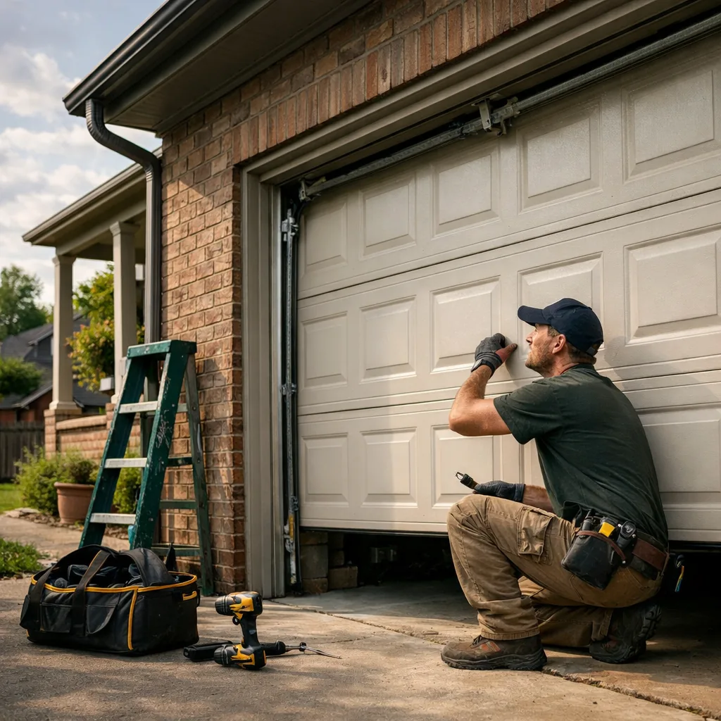 Technician in plain workwear inspecting the tracks and rollers of a closed two-car garage door on a brick-front suburban house
