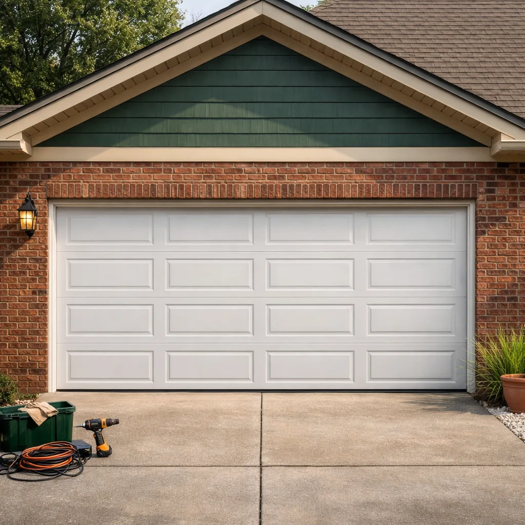 Repaired two-car garage door closed evenly on a suburban brick house with panels aligned and no gaps at the sides